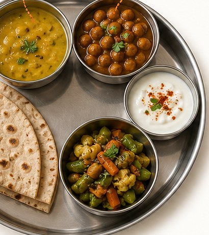 Stainless-steel vegetarian thali: dal, chana, roti, sabzi, and dahi in katoris.